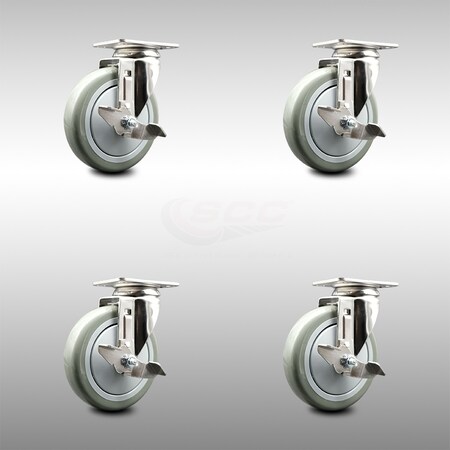 Service Caster 5 Inch 316SS Gray Polyurethane Wheel Swivel Top Plate Caster Set with Brake SCC SCC-SS31620S514-PPUB-TLB-4